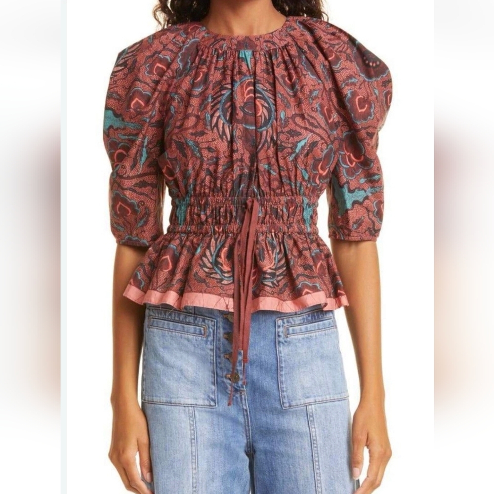 Ulla Johnson Rust Floral Smocked Peplum Top with Teal Accents
